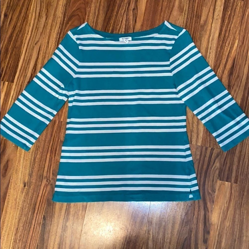 Old Navy Boat Neck 3/4 Sleeve Top Green & White Stripes Womens Size Small